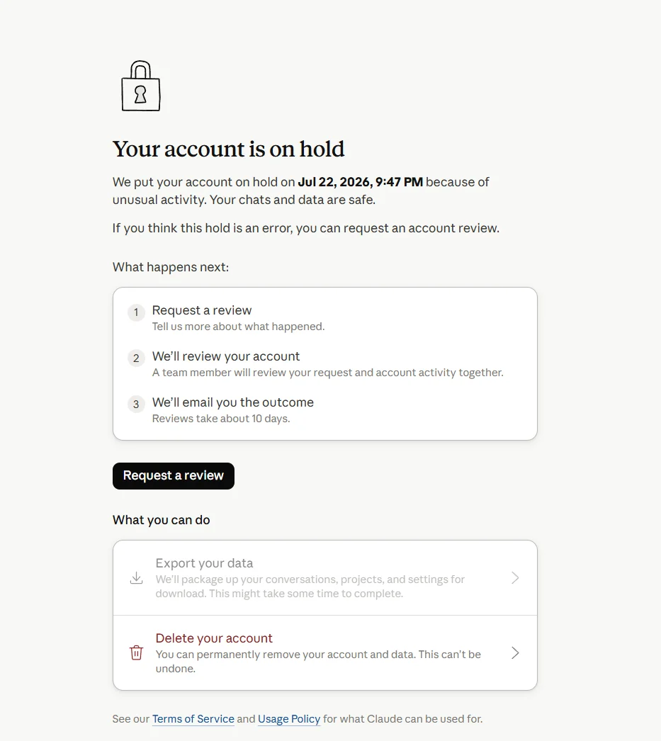 Предупреждение Your account is on hold при попытке авторизации в Claude