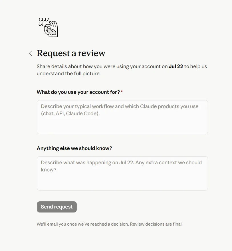 Форма подачи апелляции Request a review и кнопки экспорта данных в Claude